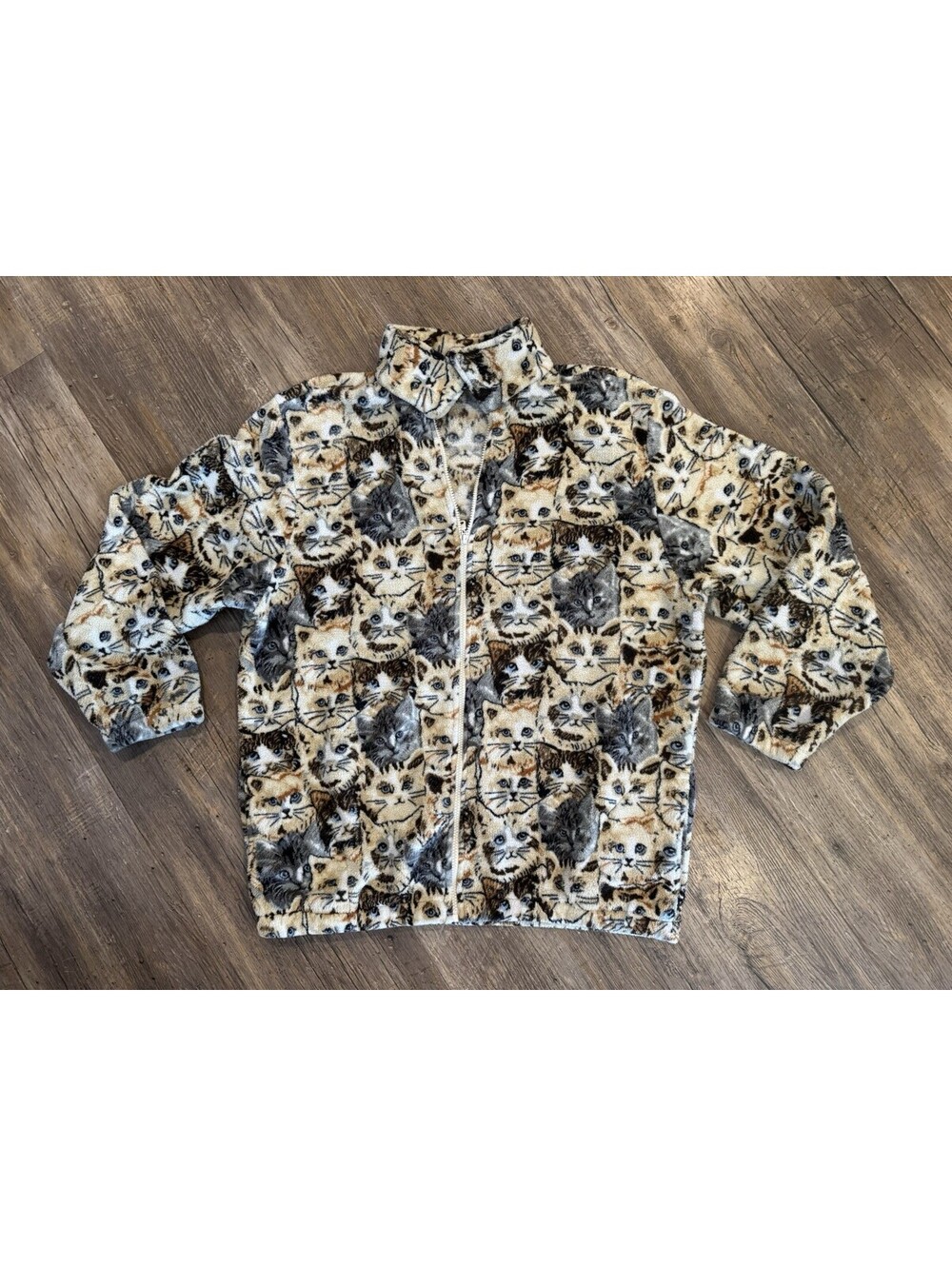 Vintage BonWorth Cats All Over Print Fleece Jacket Womens Sz L/XL Brown Tan
